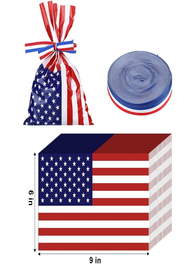 Tenare 100 Pcs Patriotic Gift Cellophane Bags Bulk Plastic Red White Blue American Favor Flag Cellophane Bags 4th of July Treat Goodie Candy Pouches with Ribbon for Veterans Party Favors - Image 2